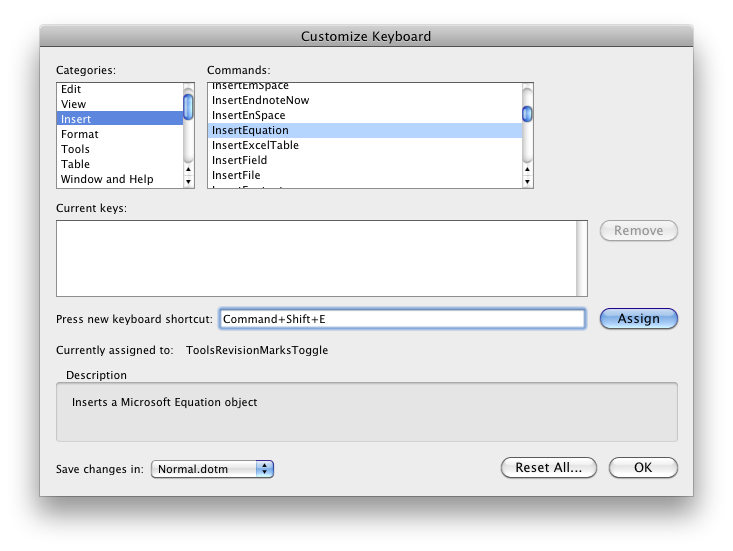 create shortkey for inserting comment on word mac